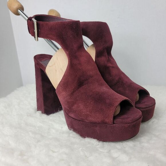 Prada Burgundy Plum Cut Out Womens Size 7 Suede Strapy Slingback Platform Heel - Picture 1 of 10